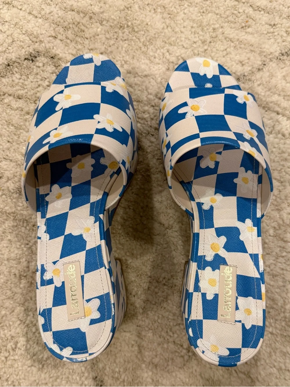 Larroude Blue & White Daisy Checker Platform Slide Sandals Size 8.5 NEW WITH TAG